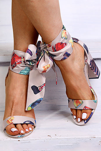 Apricot Colorful Chunky High Heels Sandals with Ribbon