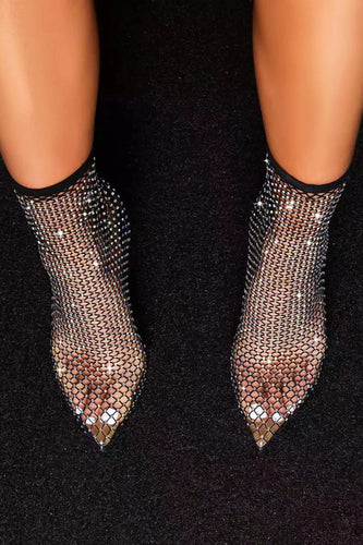Sparkly Black Pointed Toe Net Stiletto High Heels