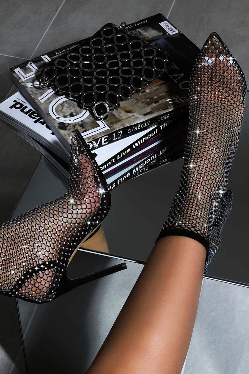 Load image into Gallery viewer, Sparkly Black Pointed Toe Net Stiletto High Heels