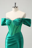 Green Off the Shoulder Satin Tight Homecoming Dress with Beading