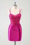 Fuchsia Bodycon Spaghetti Straps Beaded Satin Short Homecoming Dress