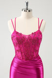 Fuchsia Bodycon Spaghetti Straps Beaded Satin Short Homecoming Dress