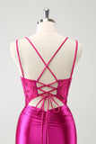 Fuchsia Bodycon Spaghetti Straps Beaded Satin Short Homecoming Dress