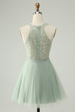 Dusty Green Halter Sequins A Line Homecoming Dress