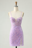 Sparkly Lilac Sequins Bodycon Mini Homecoming Dress with Slit