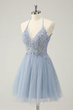 Sparkly Dusty Blue A Line Halter Homecoming Dress with Appliques