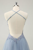 Sparkly Dusty Blue A Line Halter Homecoming Dress with Appliques