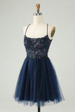 Glitter Navy A-Line Sequined Tulle Homecoming Dress
