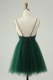 Glitter Dark Green A-Line Beaded Appliques Tulle Homecoming Dress