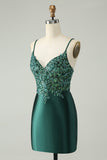 Glitter Dark Green Tight V Neck Short Homecoming Dress with Sequins