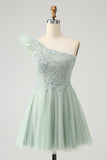 Cute Dusty Sage A Line One Shoulder Tulle Homecoming Dress with Appliques