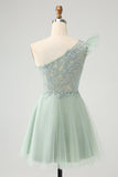 Cute Dusty Sage A Line One Shoulder Tulle Homecoming Dress with Appliques