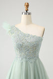 Cute Dusty Sage A Line One Shoulder Tulle Homecoming Dress with Appliques