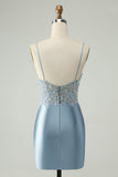Glitter Dusty Blue Beaded Floral Tight Satin Homecoming Dress