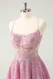 Dark Pink A Line Sparkly Beading Appliques Corset Short Homecoming Dress