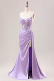 Stylish Lilac Mermaid Pleated Sequin Corset Long Prom Dress With Slit