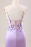 Stylish Lilac Mermaid Pleated Sequin Corset Long Prom Dress With Slit