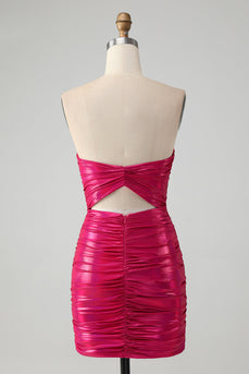 Chic Fuchsia Strapless Keyhole Pleated Tight Homecoming Dress