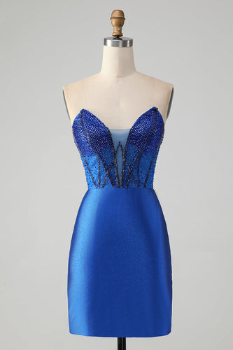 Sparkly Royal Blue Tight Strapless Short Homecoming Dress with Beading