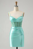 Light Green Spaghetti Straps Bodycon Corset Satin Homecoming Dress with Slit