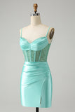 Light Green Spaghetti Straps Bodycon Corset Satin Homecoming Dress with Slit