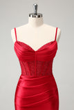 Stylish Red Bodycon Spaghetti Straps Corset Satin Homecoming Dress with Slit