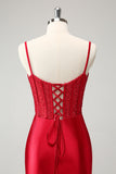 Stylish Red Bodycon Spaghetti Straps Corset Satin Homecoming Dress with Slit