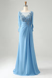 Saprkly Blue Mermaid Beaded Appliques Mother of Bride Dress with Shawl