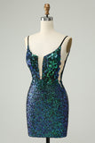 Sparkly Dark Green Spaghetti Straps Tight Short Homecoming Dress with Sequins