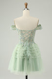 Sparkly Light Green A Line Off The Shoulder Corset Tulle Homecoming Dress