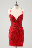 Sparkly Floral Red Tight Short Homecoming Dress with Sequins