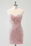 Sparkly Strapless Light Pink Tight Short Homecoming Dress with Sequins