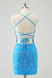 Sparkly Sky Blue Tight Short Homecoming Dress with Lace-Up Back