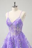 Sparkly Lilac A-Line Spaghetti Straps Sequins Corset Homecoming Dress