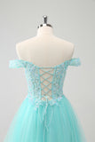 Sparkly Light Blue A Line Off The Shoulder Short Homecoming Dress