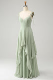 Matcha A-Line Spaghetti Straps Chiffon Bridesmaid Dress with Ruffles