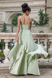 Matcha A Line Spaghetti Straps Long Bridesmaid Dress with Ruffles