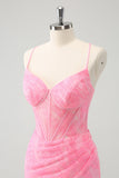 Pink Spaghetti Straps Tight Corset Homecoming Dress with Lace Up Back