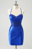 Sparkly Royal Blue Tight Corset Short Homecoming Dress with Lace Up Back