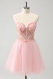 Pink Tulle A-Line Short Homecoming Dress with Beading