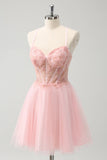 Pink Tulle A-Line Short Homecoming Dress with Beading