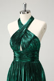 Glitter Dark Green Halter A-Line Pleated Metallic Homecoming Dress