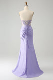 Light Purple Mermaid Strapless Ruched Beaded Corset Prom Dress with Slit