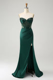 Sparkly Dark Green Mermaid Strapless Beaded Corset Long Prom Dress with Slit