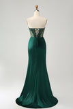 Sparkly Dark Green Mermaid Strapless Beaded Corset Long Prom Dress with Slit