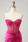 Sparkly Fuchsia Tight Beaded Corset Strapless Homecoming Dress