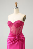 Sparkly Fuchsia Tight Beaded Corset Strapless Homecoming Dress