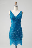 Sparkly Dark Blue Bodycon V Neck Sequin Short Homecoming Dress with Tassel