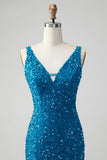 Sparkly Sage Bodycon V Neck Sequin Short Homecoming Dress with Tassel