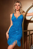 Sparkly Dark Blue Bodycon V Neck Sequin Short Homecoming Dress with Tassel